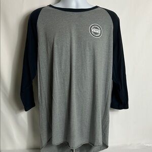 Vans Men’s Size XXL Gray Navy Baseball Style T-shirt Logo Graphic Front & Back